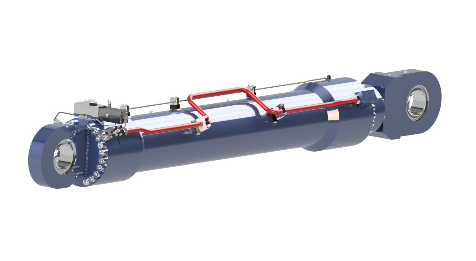 Rendering eines blauen Hydraulikzylinders f&uuml;r den Einsatz in einem Kran