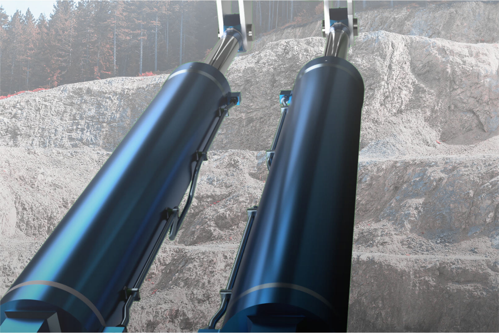 3D Modell von zwei Hydraulikzylindern eingesetzt in einem Kran